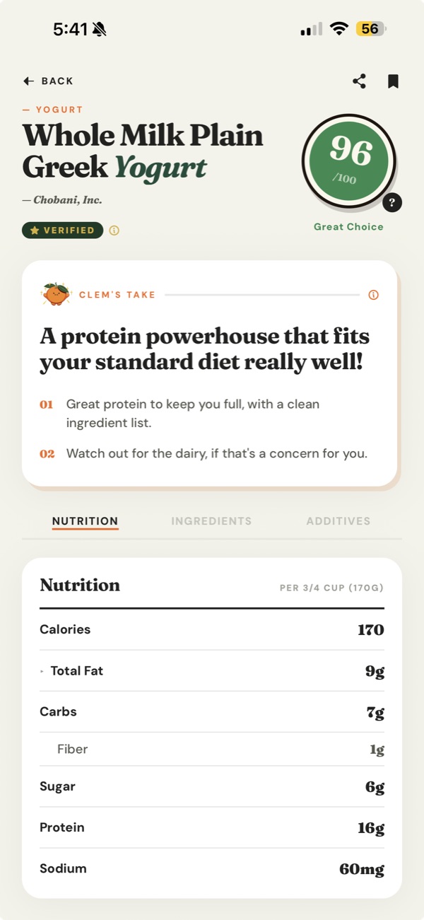 A scan result in Clem: Chobani Whole Milk Plain Greek Yogurt, scored 96 out of 100, Great Choice, with Clem's Take and the nutrition panel below it.